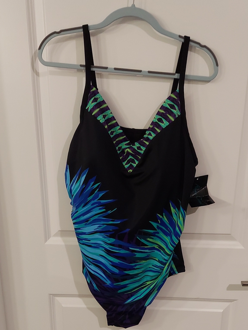 Aqua Green Black One-Piece Swimsuit with Blue and Teal Floral Burst